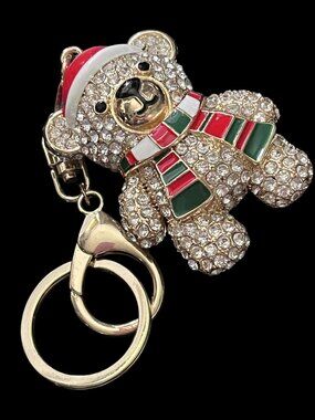Christmas Rhinestone Teddy Bear Keychain Bag Charm Santa Hat
